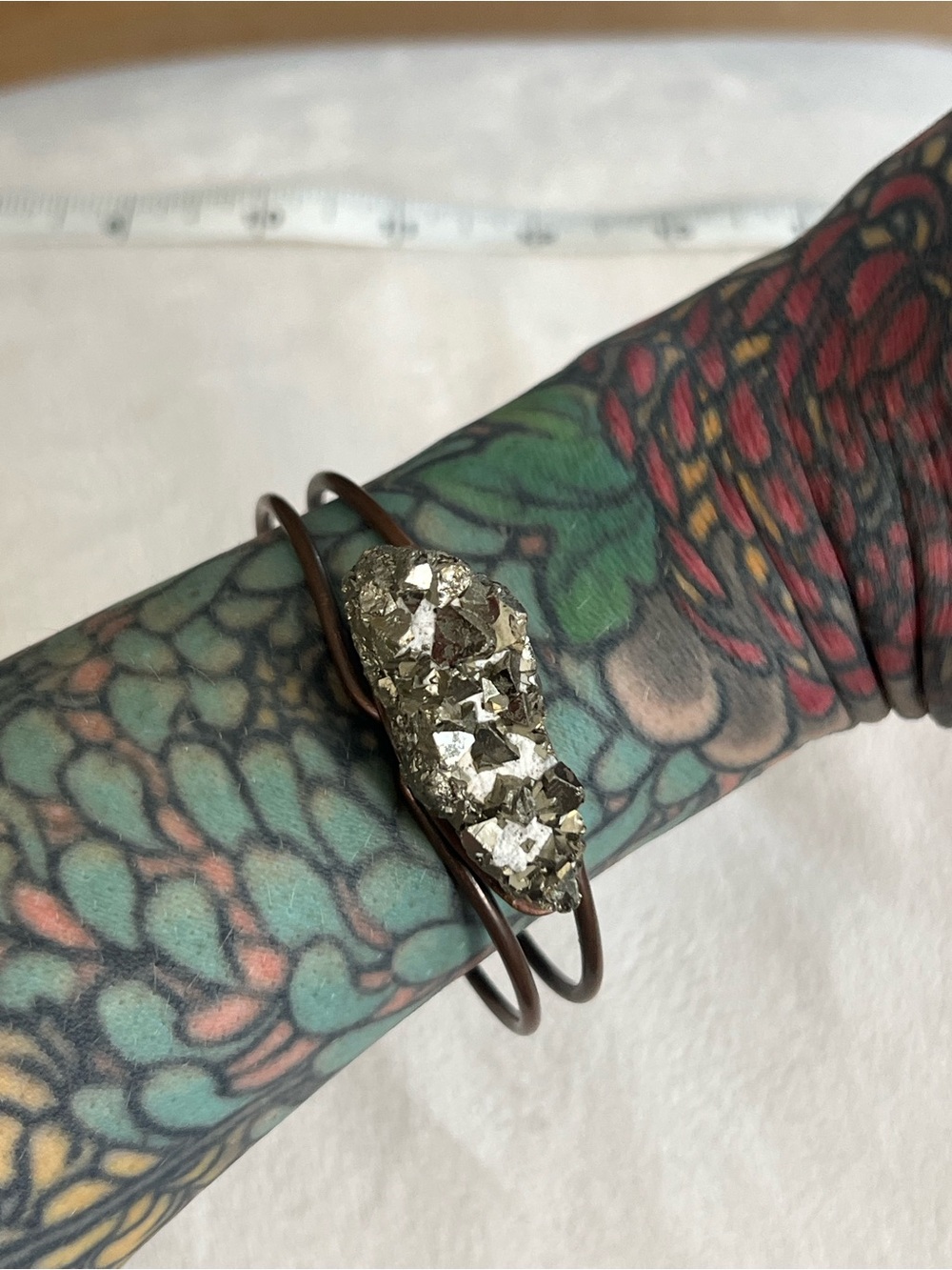 Hand Crafted Gold Pyrite Cluster Rustic Copper Wrap Bracelet
